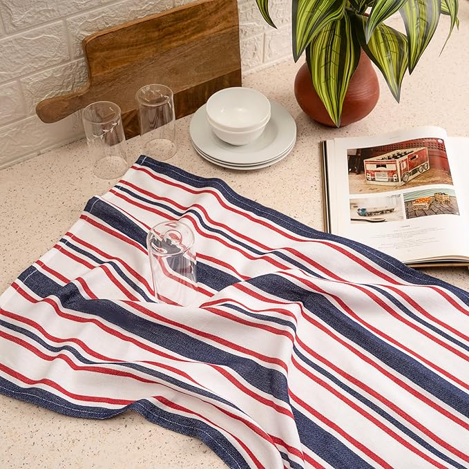 Kitchen Towel Set of 6, 100% Cotton Quick-Drying Absorbent Dish Towels & Tea Cloths, 20x30 Inch Decorative Farmhouse Towels for Kitchen, Navy,White & Red Stripe