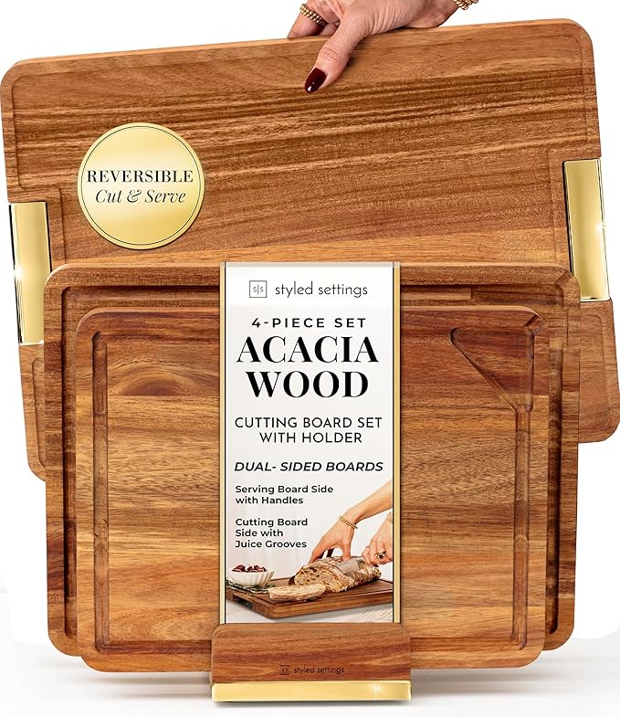 Wood Cutting Board Set with Holder – Double Sided Cutting Board with Handle (Gold) – 4 Piece Wooden Chopping Board Set with Stand – Reversible Charcuterie Tray for Stylish Kitchens