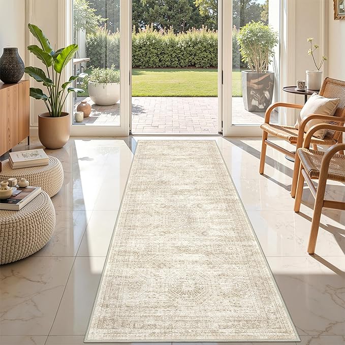 2x7 Runner Rug Non Slip, Thin Entryway Washable Rug for Entryway, Runners for Hallways, Low Pile Vintage Abstract Soft Rugs for Living Room, Kitchen, Bedroom(2'x7', Beige/Ivory)