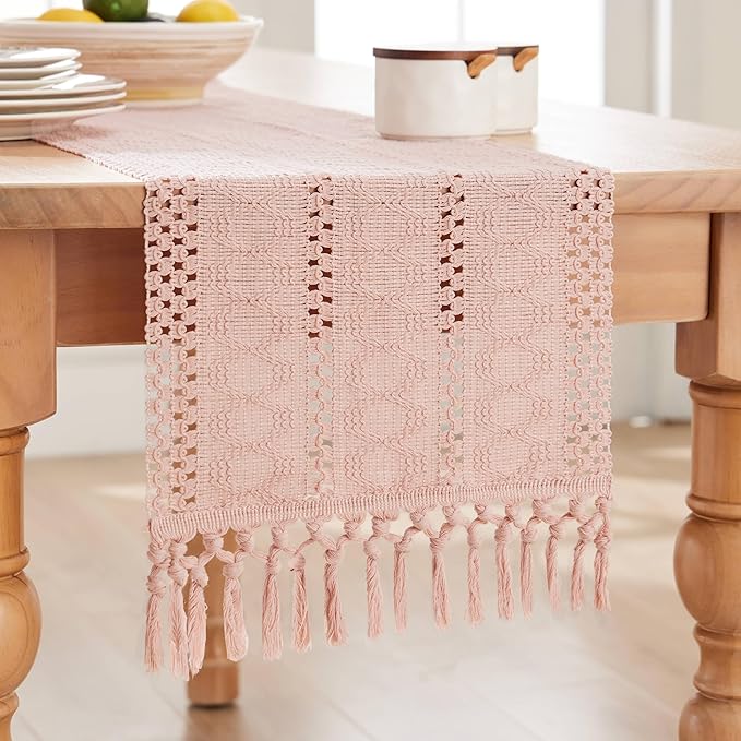 ZeeMart Macrame Style Boho Table Runner, Pink Table Runners 60 Inches Long, Farmhouse Woven Home Decor, 12x60 Inch, Light Pink