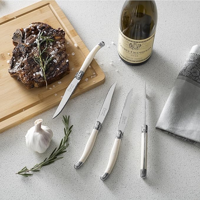 French Home Laguiole Connoisseur 4-Piece Steak Knife Set – Stainless Steel with Ivory-Colored Handles, Etched Detailing & Napoleon Bee Emblem – Serrated Knives for Smooth Cutting (9.25")