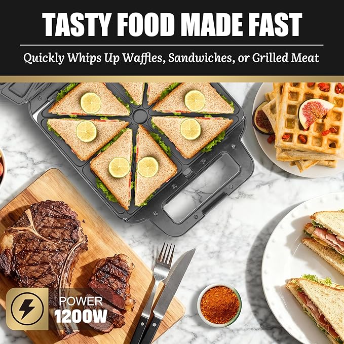 3 in 1 Panini Grill Press with 3 Removable Plates, Breakfast Sandwich Maker, Electric Griddle Panini Press, Grilled Cheese Maker, Sandwichera Electrica, Belgian Waffle Maker
