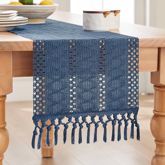 ZeeMart Macrame Style Boho Table Runner, Blue Table Runners 48 Inches Long, Farmhouse Woven Home Decor, 12x48 Inch, Dusty Blue