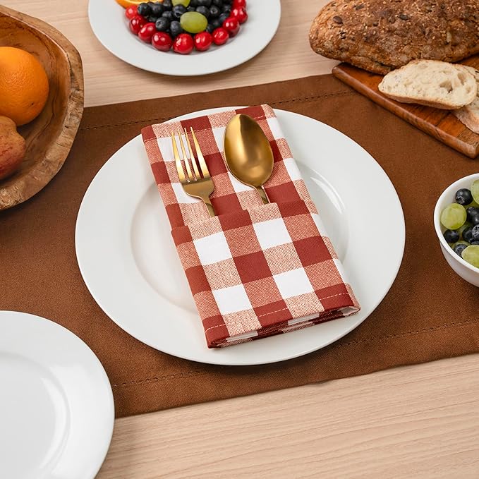 Blue Needles Gingham Buffalo Plaid Cloth Napkins 100% Cotton Set of 12 Dinner Table Napkins 18x18 inch Soft, Reusable, Washable Perfect for Wedding Parties & Everyday Use- Rust and Ivory