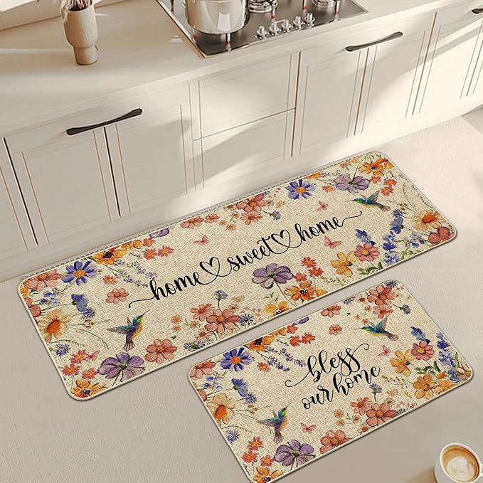 Flower Spring Kitchen Mats for Floor Set of 2, Wildflower Summer Floor Mats, Non Slip Rubber Backing Kitchen Floor Mat and Rug Set for Kitchen Sink, Office, Laundry