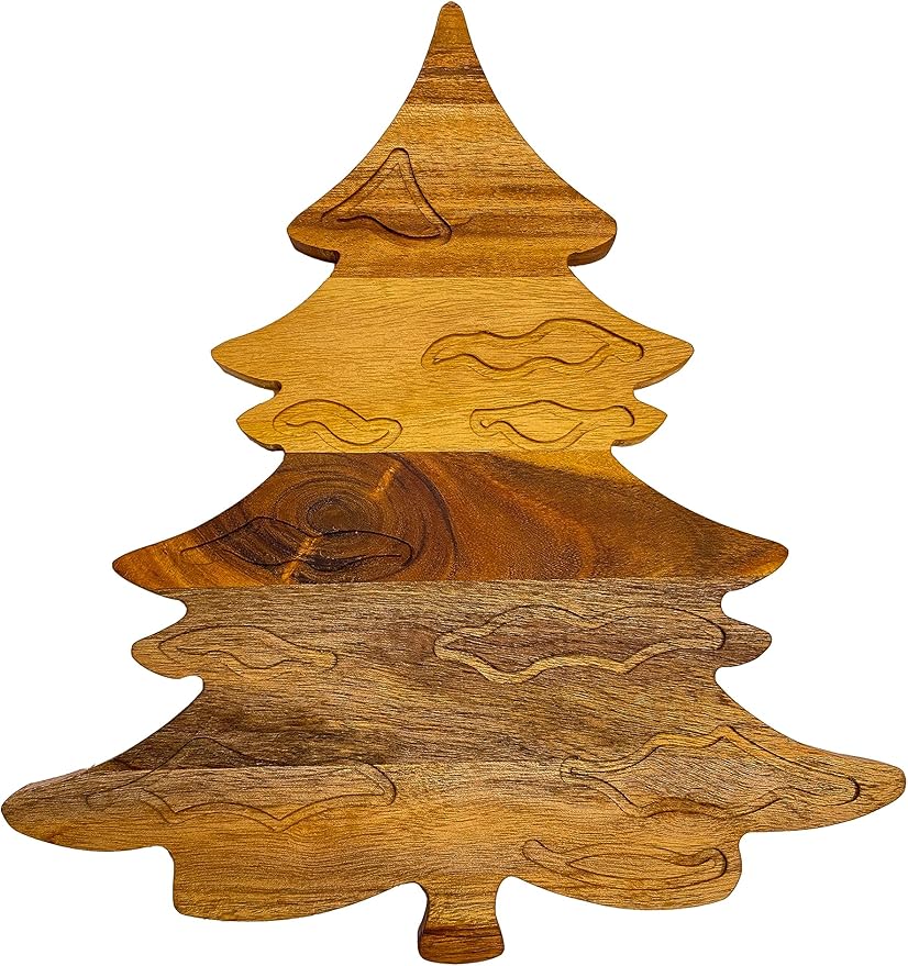 Treen Art Wood Cutting Board for Kitchen Christmas Snow Leaf Tree Shaped Wooden Cutting Board with Handle & Grooves, Decorative cutting board for Cheese and Charcuterie Platter 14"L x 13"W