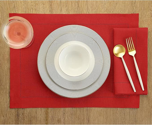 Solino Home Red Linen Napkins Set of 4-100% Pure Linen Hemstitch Dinner Napkins 20 x 20 Inch for Valentines, Winter - Classic Hemstitch