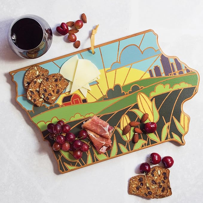 Totally Bamboo Iowa State Shaped Cutting Board and Charcuterie Serving Platter with Artwork by Summer Stokes, Includes Hang Tie for Wall Display