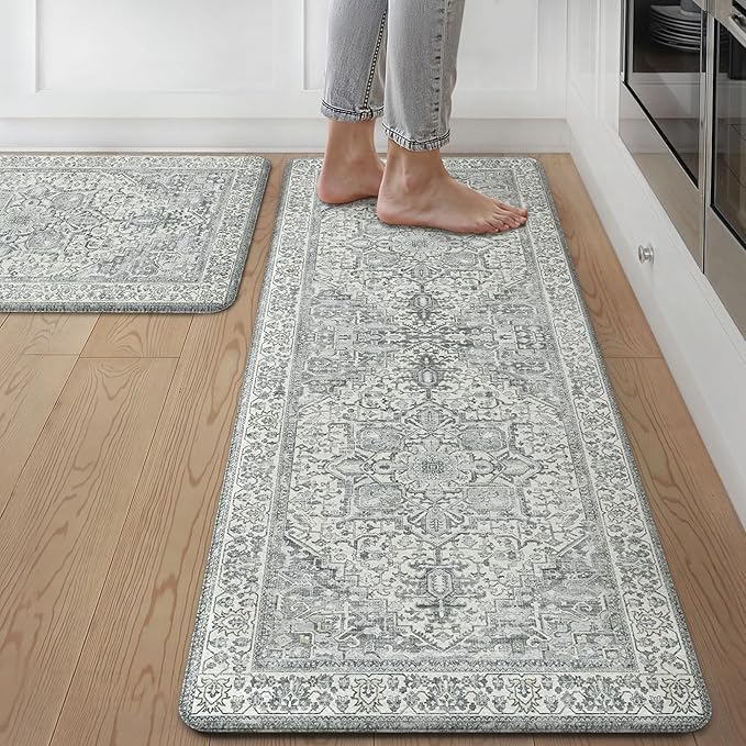 GENIMO Kitchen Mats for Floor, 2PCS Kitchen Rugs Non Slip Washable, Waterproof Anti Fatigue Mat, Comfort Standing Runner Rug for Sink, Office, Laundry, Home, 17.3"x47"+17.3"x30", LightGrey