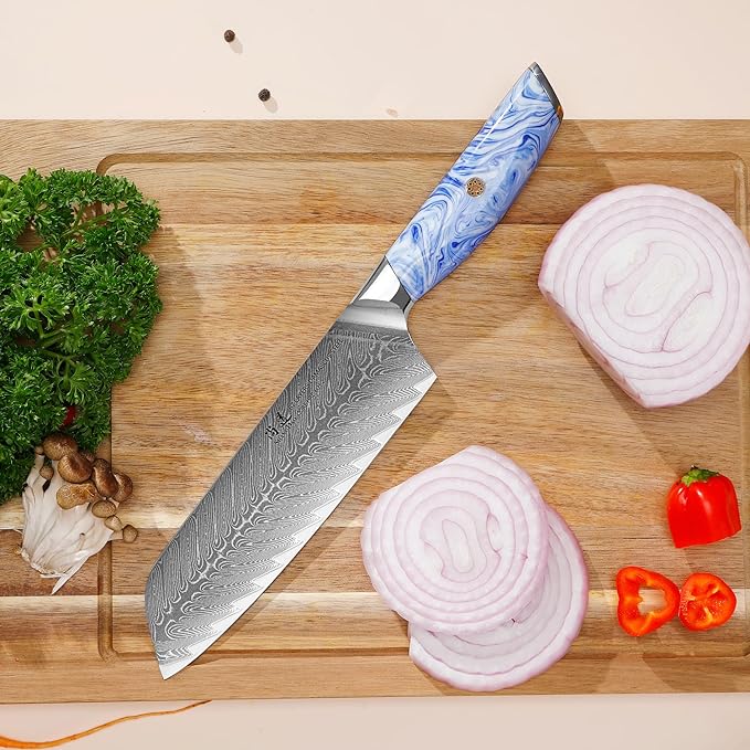 SHANGDAO Damascus Santoku Knife 7 Inch kitchen knife, Ultra Sharp with Japanese Damascus Forged Santoku Knife, Ergonomic Resin Handle, cooking gifts with gift box