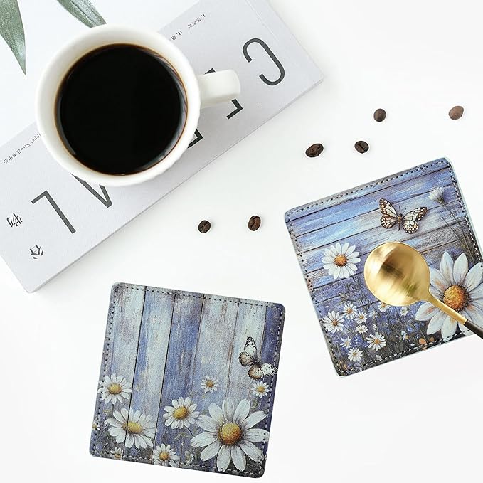 Marble Coasters Square Leather Drinks Coaster Set with Holder for Coffee Table Bar Home Decor 4 Inches Set of 6 (Butterfly, One Size)
