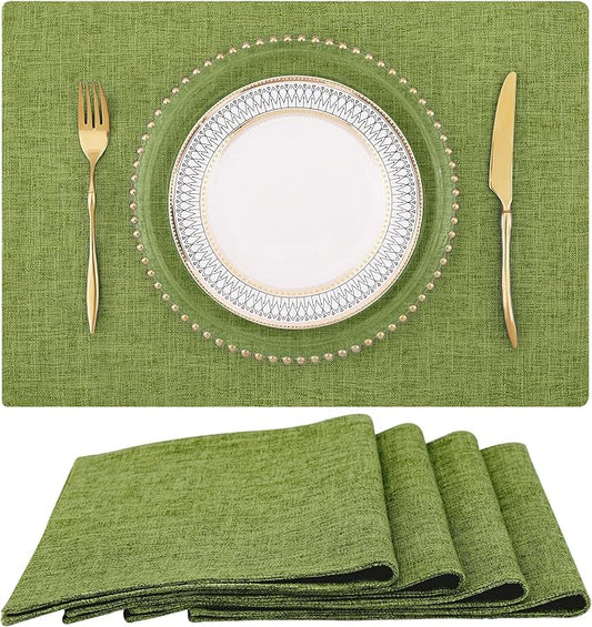 homing Cotton Linen Placemats Set of 4, Cloth Washable Farmhouse Dining Table Mats for Indoors & Outdoors, Easy to Clean, Grass Green, 13 x 19 Inch