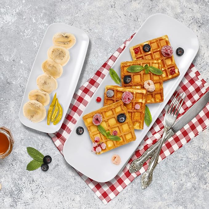 R-kay 4 Pack White Plastic Serving Trays for Party - White Serving Tray 17 by 6.5 in - Rectangular Heavy Duty Dessert Trays for Food