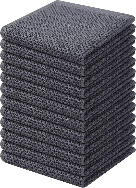 Kitinjoy 100% Cotton Kitchen Dish Cloths, 12 Pack Waffle Weave Ultra Soft Absorbent Dish Towels for Drying Dishes Quick Drying Kitchen Towels Dish Rags, 12 X 12Inch, Dark Grey