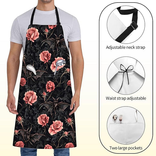 Gothic Apron for Women Men with Bat Rose,28x33in,Goth Kitchen Dark Aprons with 2 Pockets, Oxford Fabric,Halloween Adjustable Apron for Cooking Baking Gardening Chef,Gifts for Mom Wife