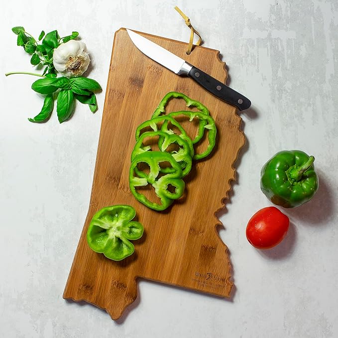 Totally Bamboo Mississippi State Shaped Cutting Board and Charcuterie Serving Platter with Artwork by Summer Stokes, Includes Hang Tie for Wall Display