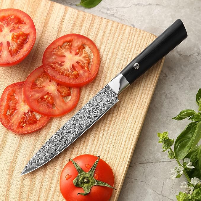 zayiko Black Edition Damascus Utility knife 5-inch blade extremely sharp from 67 layers I Damascus kitchen knives and professional chef's knives made of genuine Japanese Damascus with Pakka wood