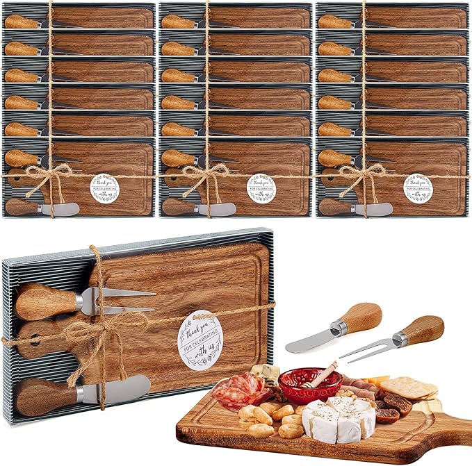 Ziliny 18 Set Bridal Baby Shower Cheese Prizes Wooden Square Board Gift Set Knives Forks Thank You Tags with Box for Guests for Valentines Bridal Baby Shower Housewarming Gifts (Acacia Color)