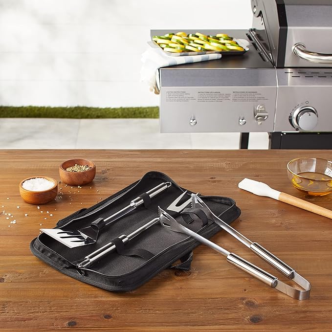 Amazon Basics 4-Piece Stainless Steel Barbeque Grilling Tool Set with Carry Bag