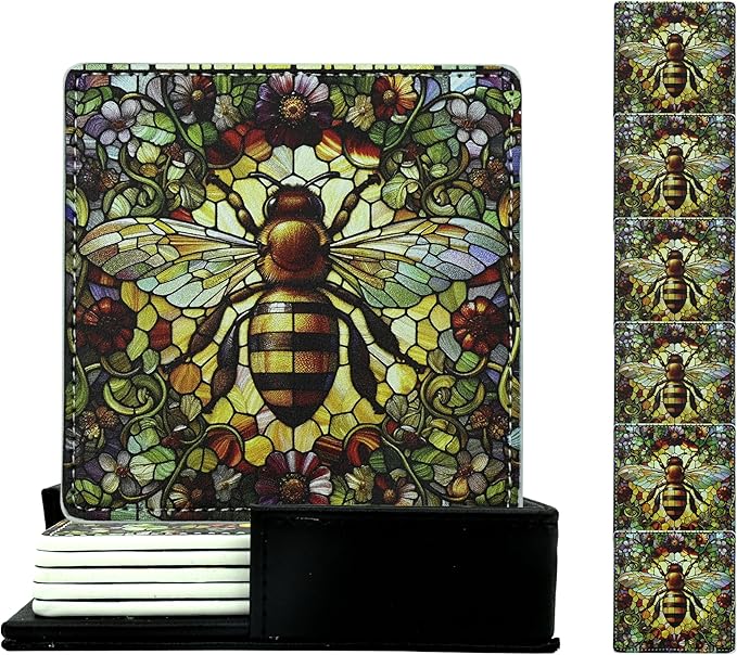 Marble Coasters Square Leather Drinks Coaster Set with Holder for Coffee Table Bar Home Decor 4 Inches Set of 6 (Bee, One Size)