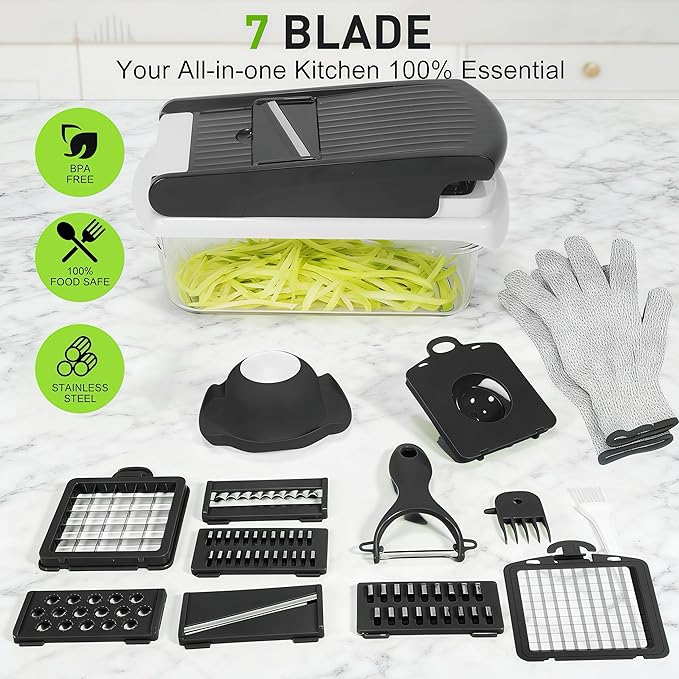 Multifunctional Mandoline Slicer with 7 Blades, Vegetable Chopper Food Cutter with Container, Onion Dicer Potato Grater Salad Prep Tool, Stainless Steel Kitchen Gadgets for Veggie Fruit (Black)
