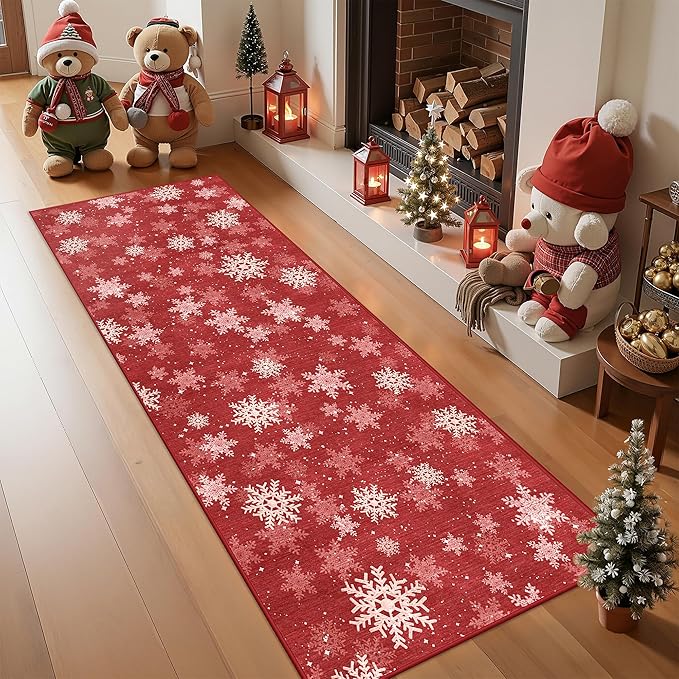 2x5 Christmas Runner Rug for Kitchen, Snowflake Rugs for Bathroom, Washable Hallway Runner with Non-Slip Backing, Soft Red and White Christmas Decor Indoor(2'x5', Red/White)