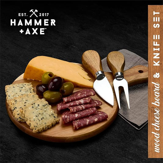 Hammer + Axe Acacia Wood Cheese Board & Knife Set – Perfect for Charcuterie Boards, Wine Pairings, & Dinner Parties| Charcuterie Board Serving Tray Kitchen Essential| Housewarming, Wedding, Home Gift