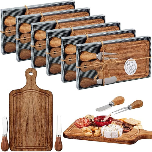 Ziliny 6 Set Bridal Baby Shower Cheese Prizes Wooden Square Board Gift Set Knives Forks Thank You Tags with Box for Guests for Valentines Bridal Baby Shower Housewarming Gifts (Acacia Color)