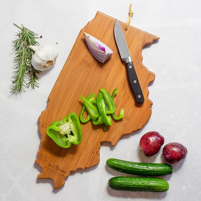 Totally Bamboo Illinois State Shaped Cutting Board and Charcuterie Serving Platter with Artwork by Summer Stokes, Includes Hang Tie for Wall Display