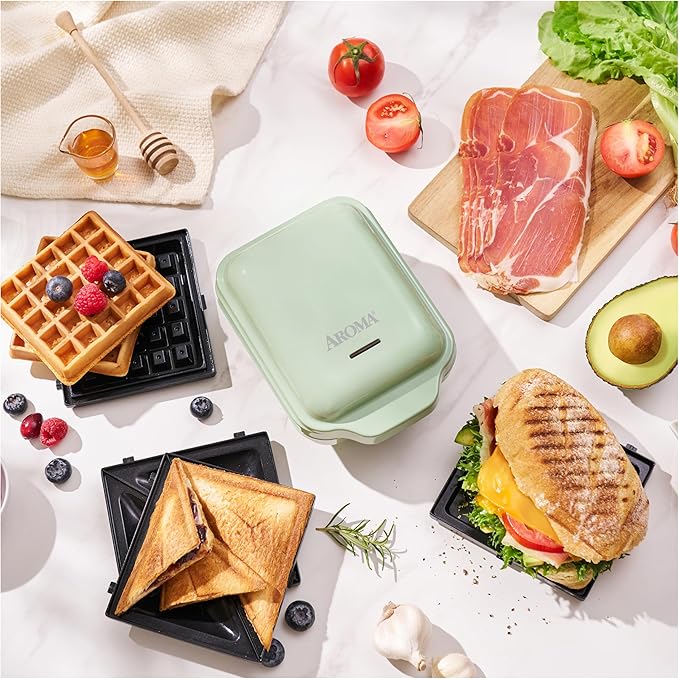 AROMA® 3-in-1 Panini Press, Sandwich Grill, and Waffle Maker with Removable Ceramic Coated Plates