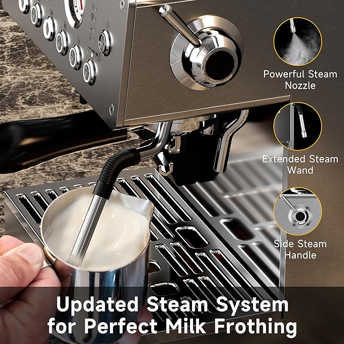 HANROSE Espresso Machine with Grinder, 20Bar Espresso Machine Stainless Steel, Coffee Machine with Milk Frother for Latte/Cappuccino, Adjustable Temperature, Independent Hot Water & Americano Function
