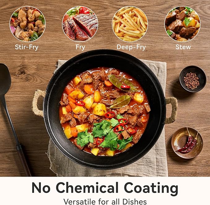 WANGYUANJI Cast Iron Wok Pan,13.4 inch Cooking Wok Stir Fry Pan with Dual Handle and Wooden Lid,Suitable for All Cooktops,Uncoated Chinese Traditional wok