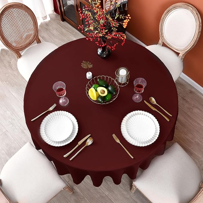MEANMOY Burgundy 210 GSM Water & Stain Resistant Round Tablecloth for Circle Table - Solid 90 Inch Dark Red Table Cloth Cover in Wrinkle Free Durable Washable Polyester Fabric for Party, Banquet