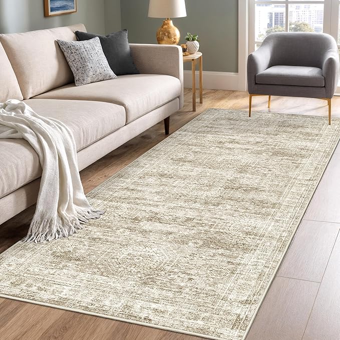 3x8 Runner Rug Non Slip Washable for Entryway, Vintage Hallway Runner for Front Porch, Laundry Room, Bedroom, Abstract Stain Resistant Thin Indoor Kitchen Mats for Floor(3'x8', Brown/Ivory)