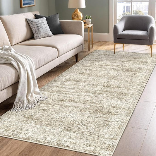 3x8 Runner Rug Non Slip Washable for Entryway, Vintage Hallway Runner for Front Porch, Laundry Room, Bedroom, Abstract Stain Resistant Thin Indoor Kitchen Mats for Floor(3'x8', Brown/Ivory)