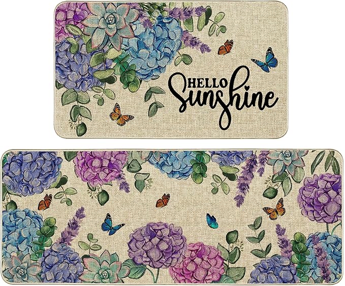 Spring Kitchen Rug and Mat Set of 2 Hydrangea Flowers Floor Mat Non Slip Rubber Backing Low-Profile Kitchen Rugs for Floor Summer Kitchen Decor for Home Bath Office- 17x29 and 17x47 Inch