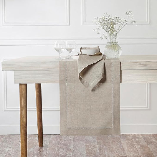 D'Moksha Homes Linen Natural Table Runner 132 Inches Long - 100% Pure Linen Extra Long Table Runner 14 x 132 Inch for Valentines, Spring, Easter - Classic Hemstitch