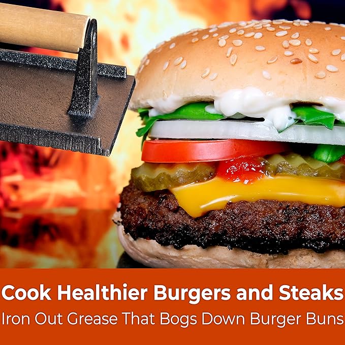 Versatile Safe-Touch 8x4in Cast Iron Grill Weight 1pc. Perfect Meat Press With Wooden Handle for Crispy Bacon Evenly Cooked Steak and Healthier Burgers. Great for Flat Top, Oven, Griddle and Skillet.