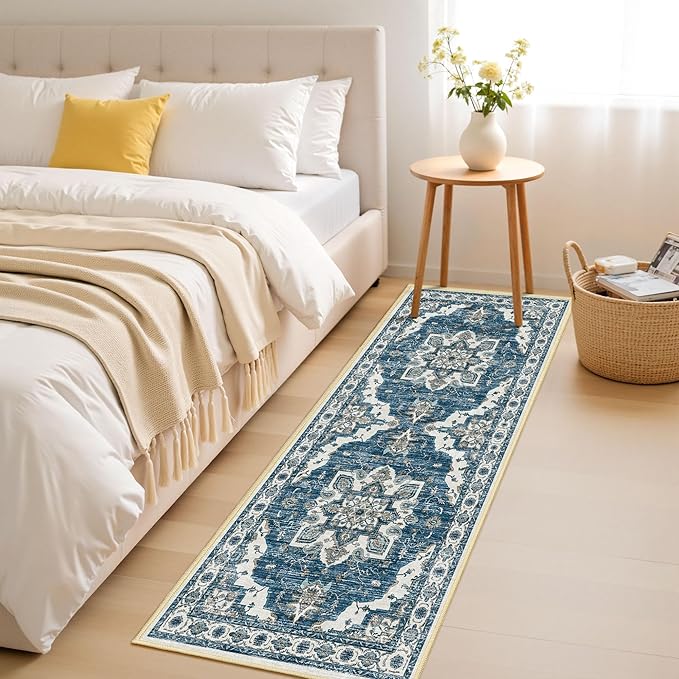 Tritard Non Slip Kitchen Rugs Sets of 3 Washable Kitchen Rug Boho Kitchen Mats for Floor Soft Kitchen Runner Rug Non Skid Kitchen Floor Carpet for Entryway Hallway Laundry Room, Blue