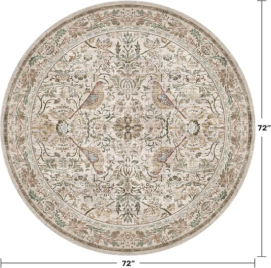 Boho 6ft Area Round Rug for Living Room - Floral Vintage Circular Rug for Kids Bedroom, Dining Room, Home Office, Washable Low Pile Non Slip, Moss Green & Olive Indoor Aesthetic Décor