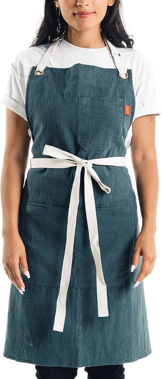 Caldo Linen Kitchen Apron - Mens and Womens Linen Bib Apron - Adjustable with Pockets (Spruce)
