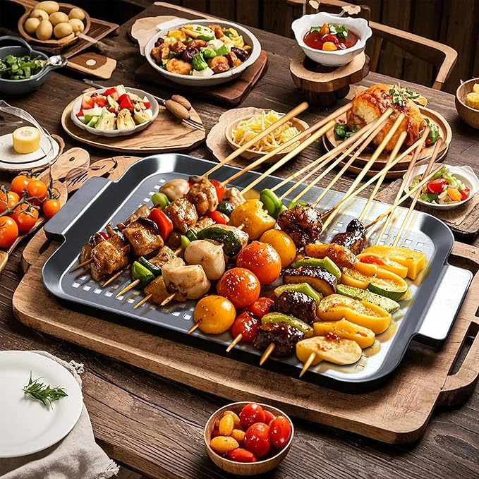 COOK TIME Grill Pan Set of 2, BBQ Grill Topper for Outdoor Grill, Stainless Steel Grilling Baskets with Holes and Handles, Perforated Food Tray Barbecue Accessories for Vegetable, Fish, Middle x 2