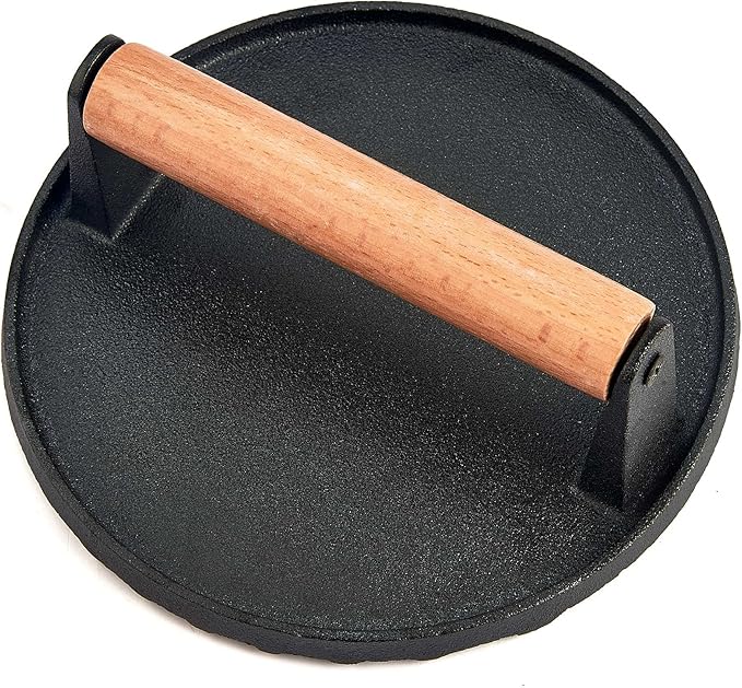 7 Inch Cast Iron Burger Press, Leonyo Smash Burger Press Weight, Heavy-Duty Hamburger Smasher Tool Griddle Accessories Kit for Cooking Bacon Steak Sandwich, Outdoor BBQ Grill - Round