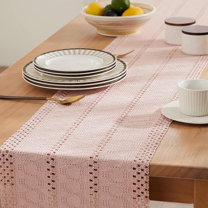 ZeeMart Macrame Style Boho Table Runner, Pink Table Runners 90 Inches Long, Farmhouse Woven Home Decor, 12x90 Inch, Light Pink