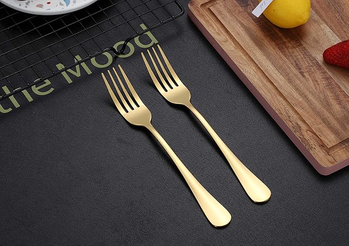 Kyraton Gold Dinner Forks - 6 Piece Set, Stainless Steel, 8.17 Inch, Titanium Plated Wedding Silverware
