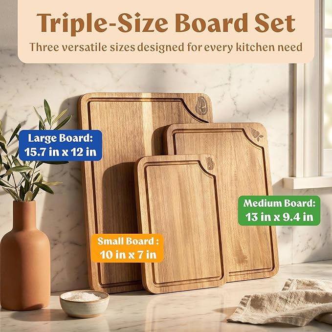 Non Toxic Cutting Boards for Kitchen - Beeswax Finished Acacia Wood Chopping Board Set of 3 (15.7x12,13x9.4,10x7 in) (Acacia Wood, 3 Pack Beeswax Finish - without Stand)