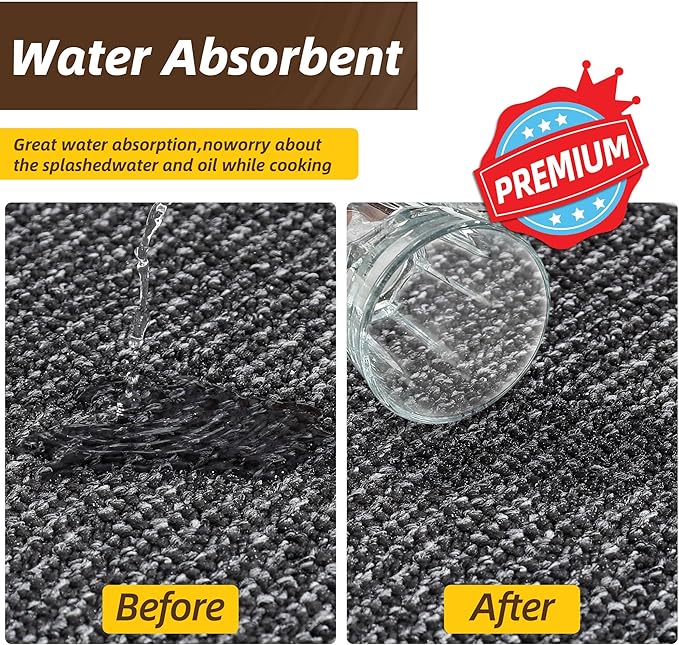 JSEI Kitchen Rugs, 17''x30'' Non-Slip Kitchen Mats for Floor, Machine Washable Absorbent and Stain Resistant Kitchen Runner, Carpet Mats with TPR Backing for Kitchen, Charcoal