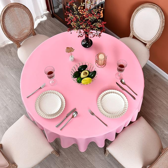 MEANMOY Pink 210 GSM Water & Stain Resistant Round Tablecloth for Circle Table - Solid 70 Inch Table Cloth Cover in Wrinkle Free Durable Washable Polyester Fabric for Wedding, Party, Banquet