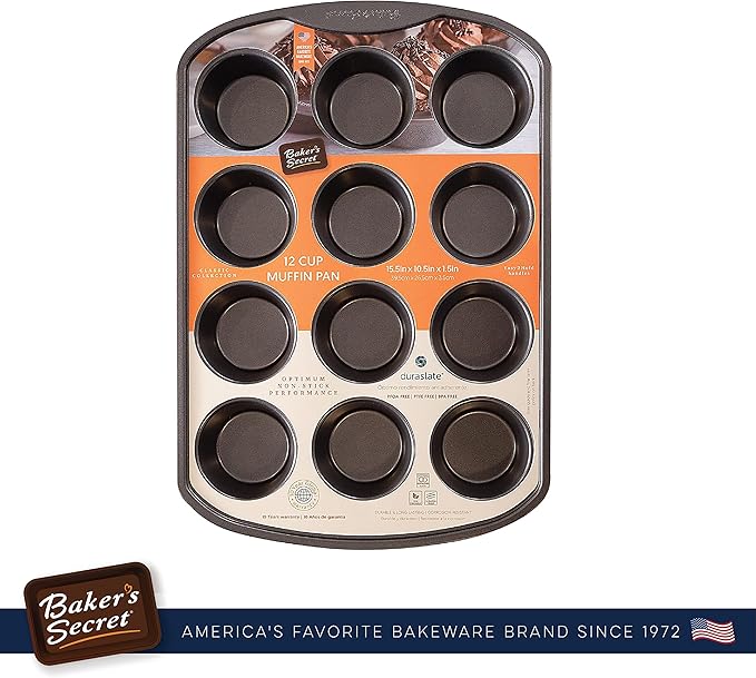 Baker's Secret 12cup Muffin Pan Cupcake Nonstick Pan - Carbon Steel Pan for Muffins Cupcakes Non stick Coating Easy Release Dishwasher Safe DIY Bakeware Baking Supplies - Classic Collection