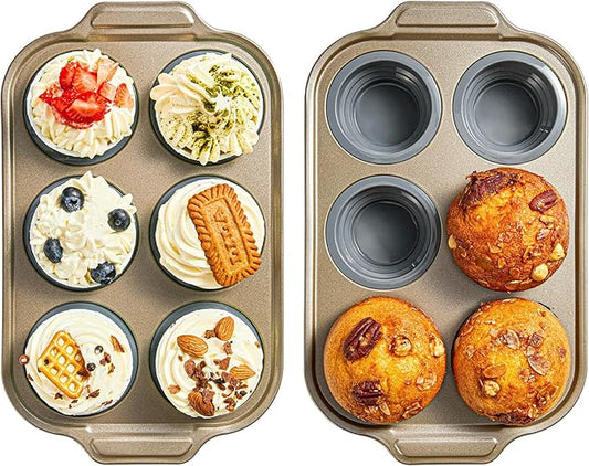 LCKitchen 2-Pack Silicone Foldable Baking Pans With Metal Reinforced Frame Nonstick 6 Cups for Baking Muffins, Egg Bites, Brownies, Puddings, Dishwasher Safe BPA Free